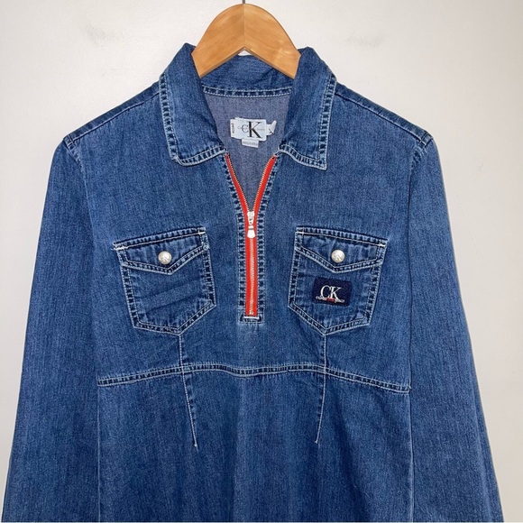 Calvin Klein Denim Dress Size Medium Petite Blue Red Long Sleeve Vintage Jean - Picture 3 of 8